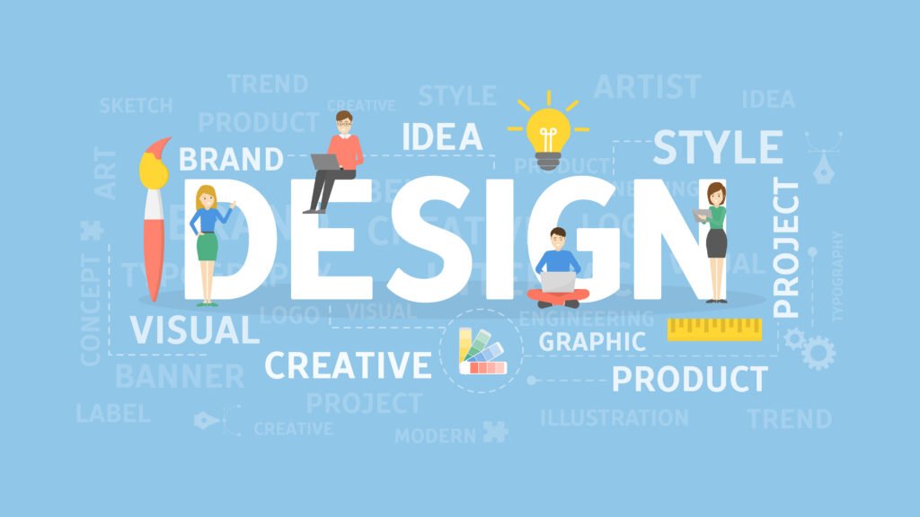 Illustration of graphic design concept with large word DESIGN and creative team icons flat vector UI
